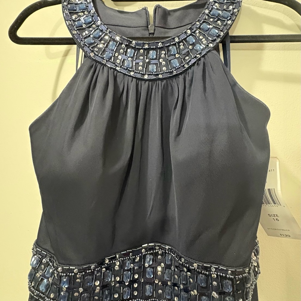 Elegant Navy Blue Beaded Dress - Picture 3 of 11